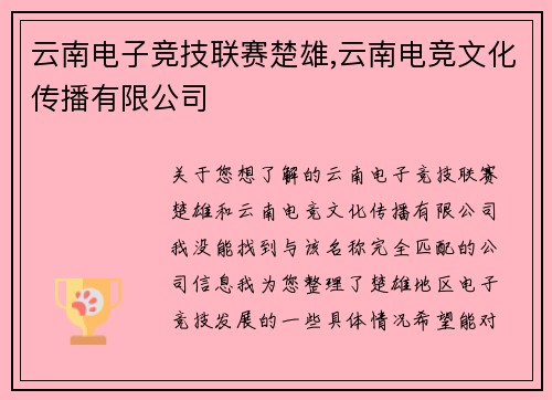 云南电子竞技联赛楚雄,云南电竞文化传播有限公司