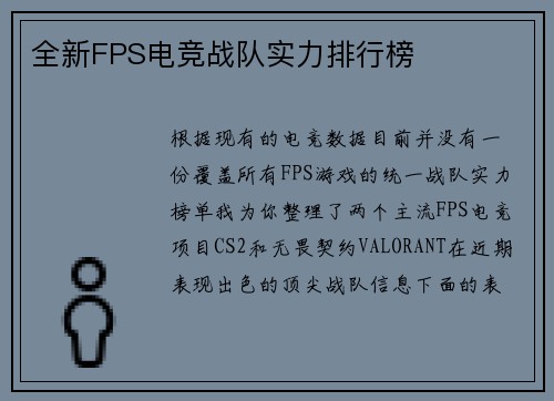 全新FPS电竞战队实力排行榜